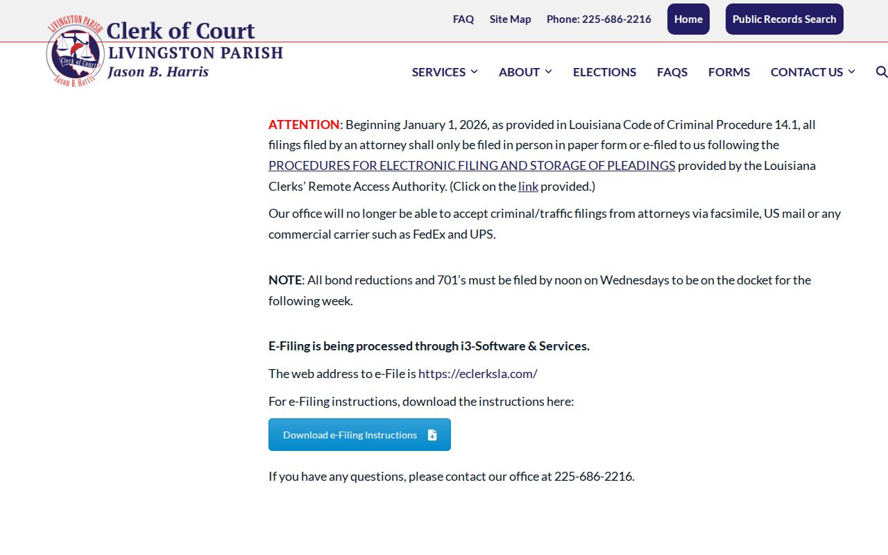 Livingston Parish criminal court case e-filing notice