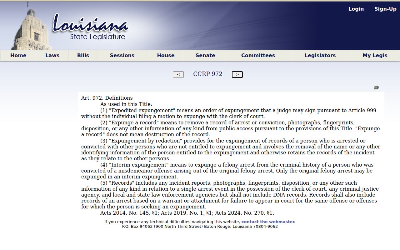 Louisiana Legislature law page concerning mayor's court authority