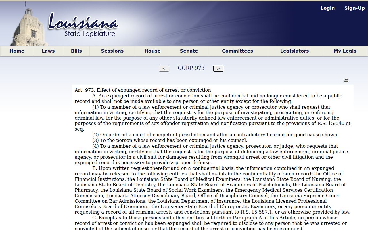 Louisiana Legislature law page concerning mayor's court costs