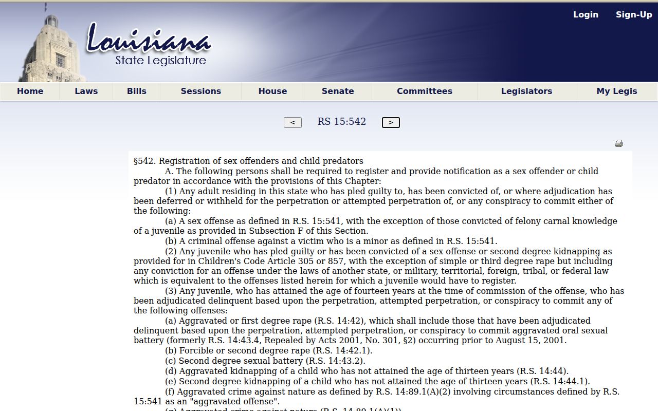 Louisiana Revised Statutes 15:542 registration duty text