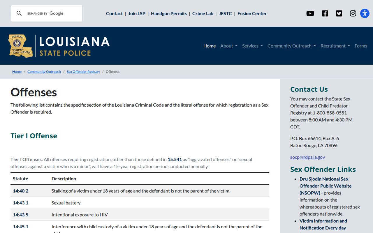 Louisiana State Police registry qualifying offenses page