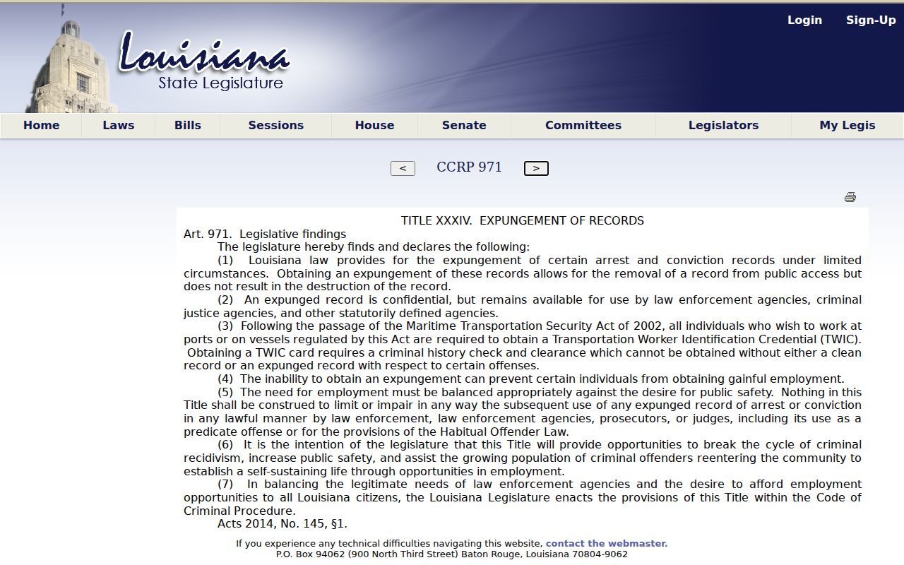 Louisiana Legislature law page concerning local court authority